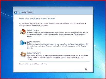 Windows 7 Setup Screen, Set Network Connection Type